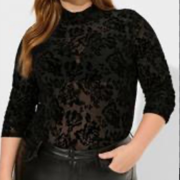 torrid Tops - Torrid Women Top Size 2X Black Flocked Mesh Mock Neck Floral Long Sleeve Stretch